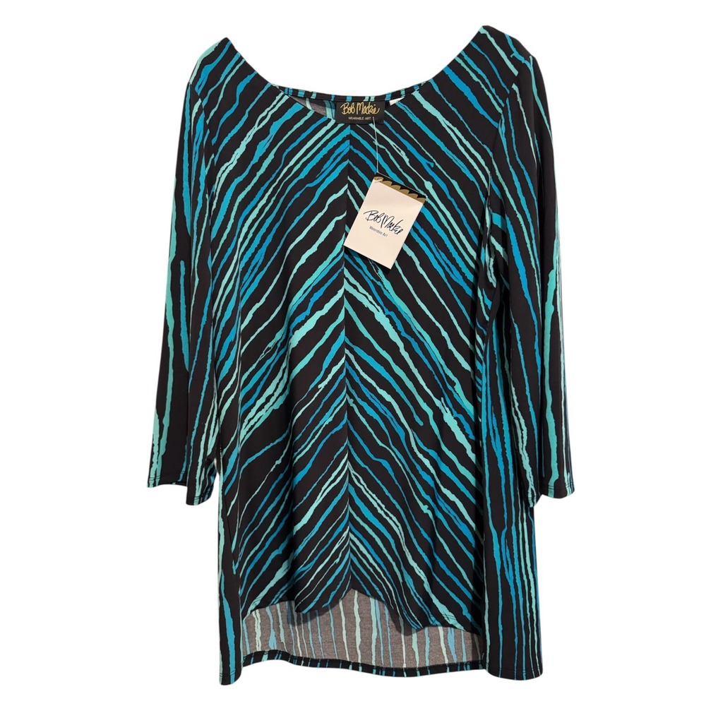 Bob Mackie Tunic Top Womens S Black Teal Abstract Zebra Stripe Artsy Art to Wear